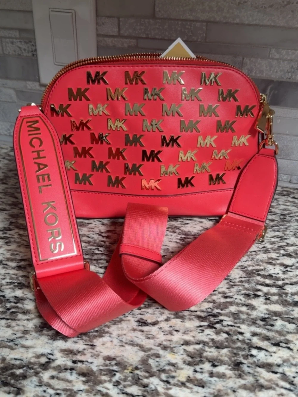 Michael Kors Coral-Red Logo Crossbody Bag with Gold Hardware